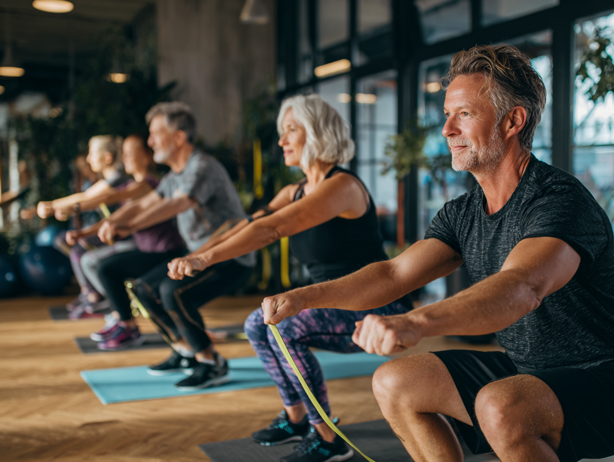 Активні люди різного віку займаються фітнесом в парку