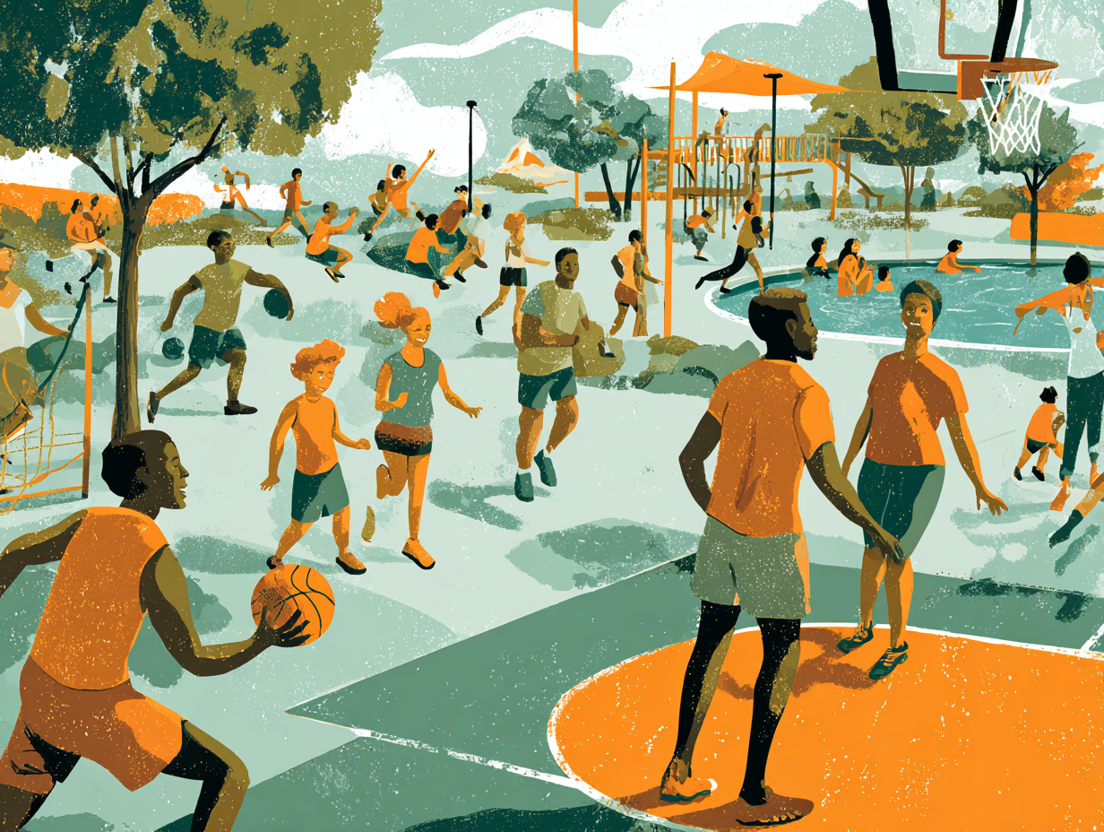 Група людей різного віку виконує різні види фізичних вправ